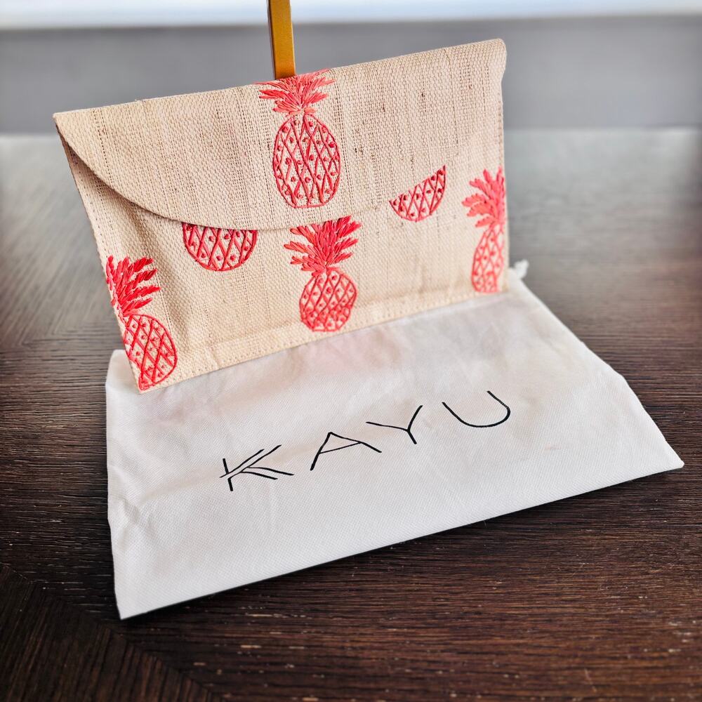 KAYU Pineapple Embroidered Raffia Clutch Shoulder Bag Chain Strap Dust Bag